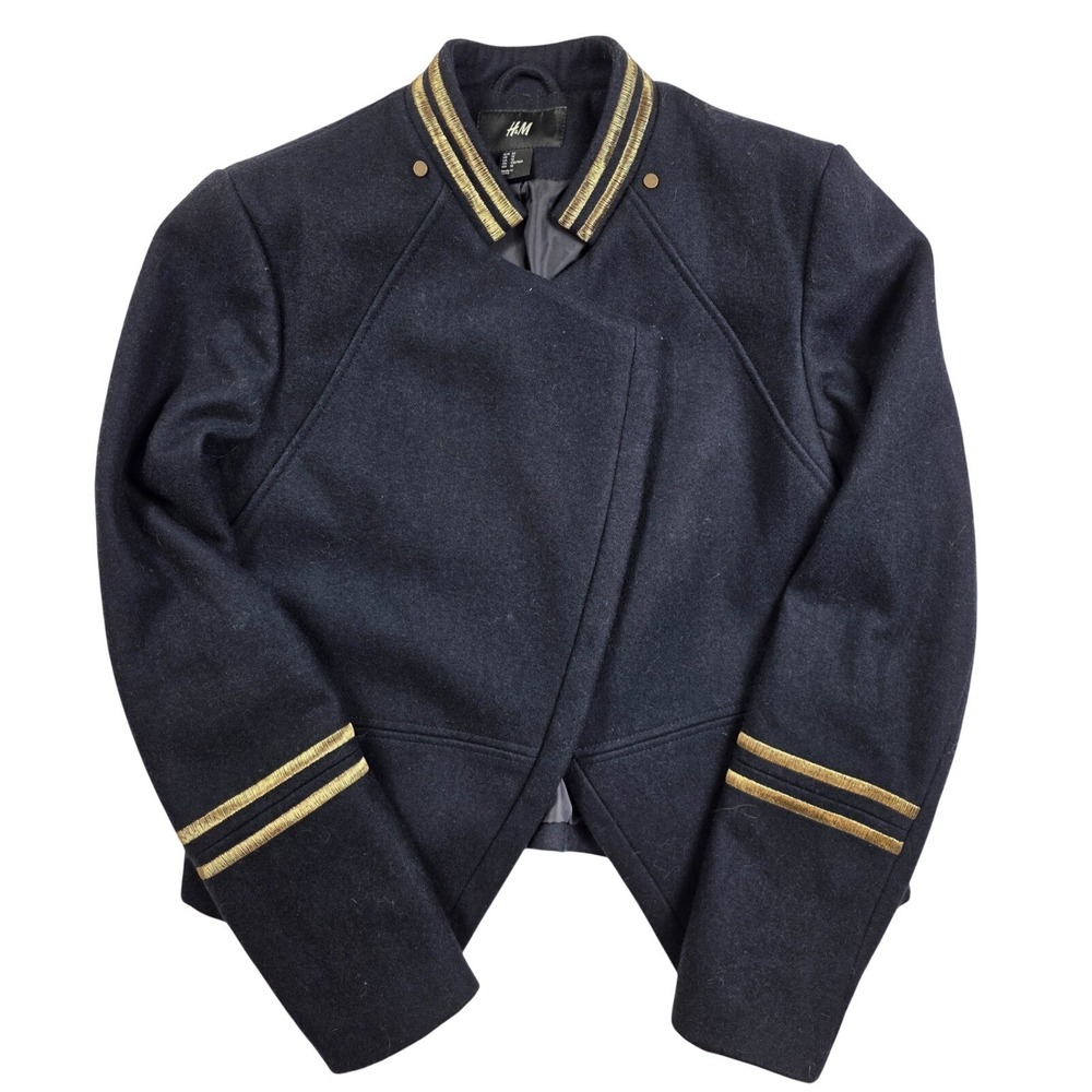 H&M Wool Blend Navy Gold Trim Stitching Short Military Jacket Women's 12 / Large